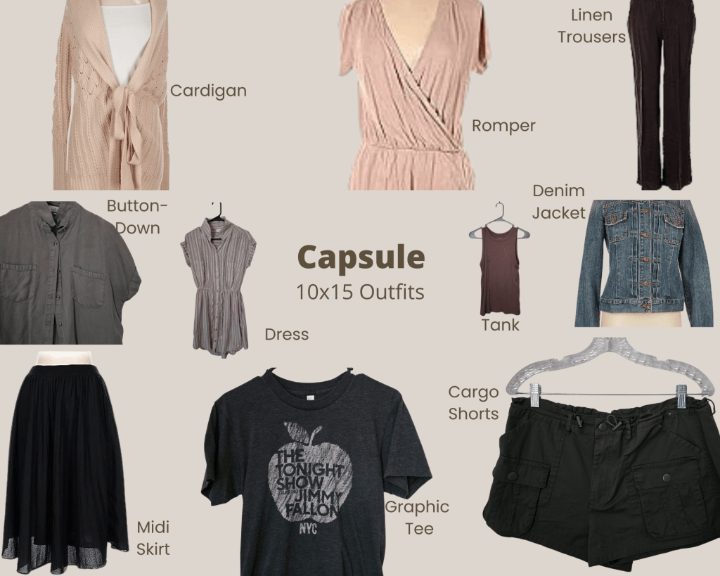 Image showcasing a collection of 10 essential clothing pieces arranged creatively, including a cardigan, romper, button-down shirt, graphic tee, midi skirt, and more, with the title 'Capsule 10x15 Outfits' prominently displayed.