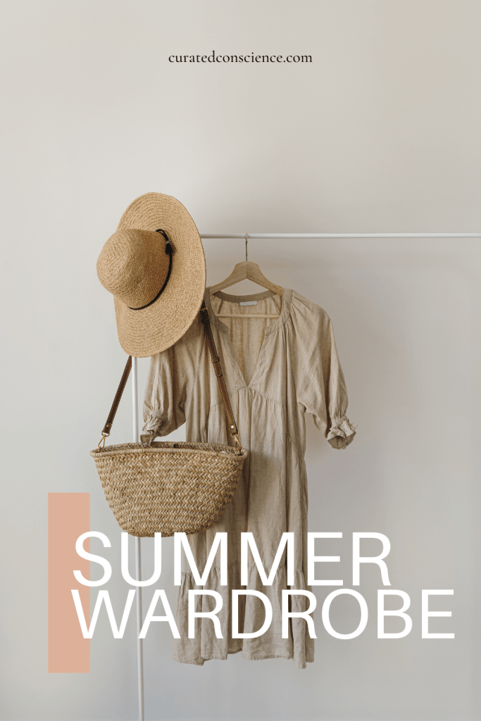 earth-toned summer outfit on a metal rack - sustainable fashion