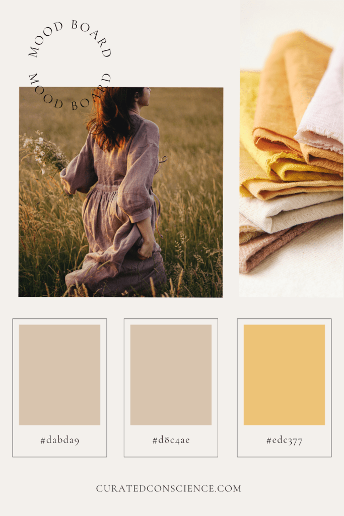 summer capsule wardrobe mood board featuring an outfit, a pile of materials, and featured colors